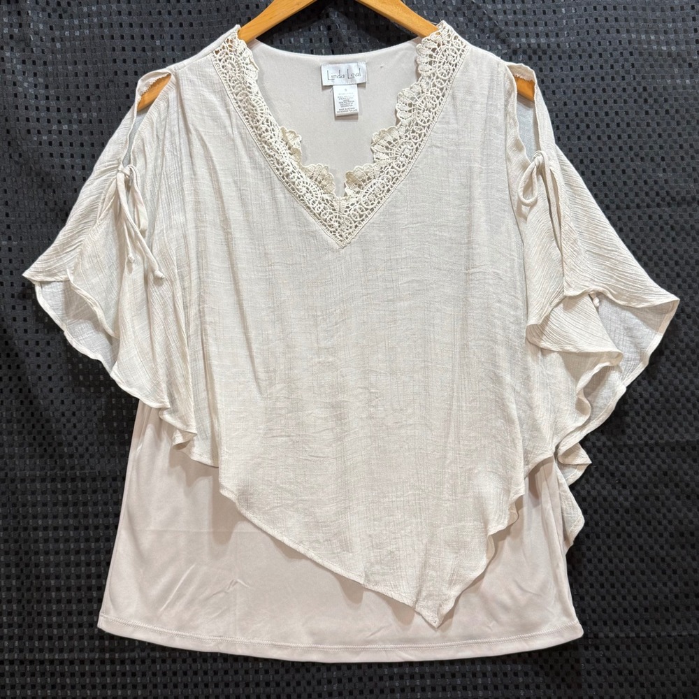 Linda Leal Crochet Lace V-Neck Blouse Womens Small Cream Boho Cold Shoulder